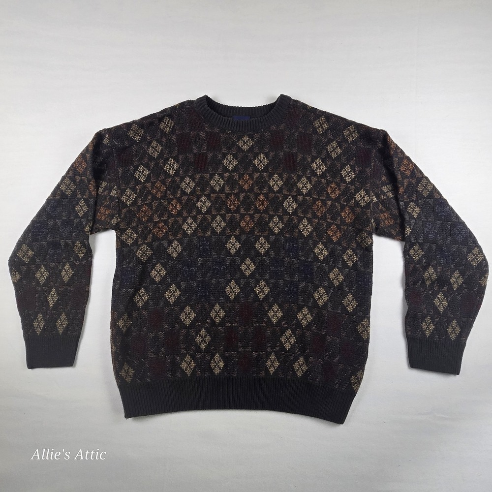 Mens Geometric Sweater Puritan 100% Acrylic‎ Diamond Knit Green Orange Grandpa L
